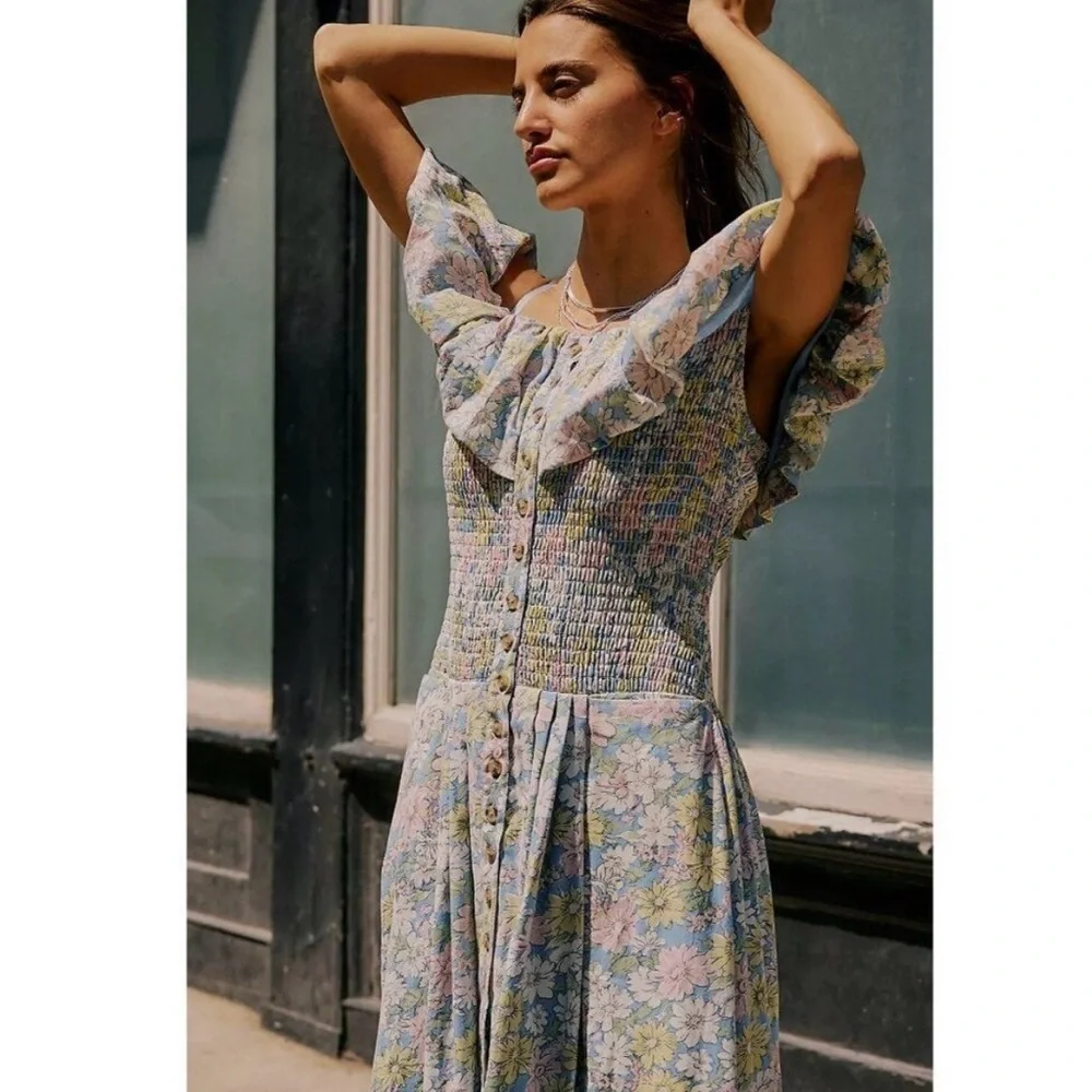 Free People Lewis Smocked Floral Maxi Dress – NWOT Size S Romantic Boho - Picture 1 of 8